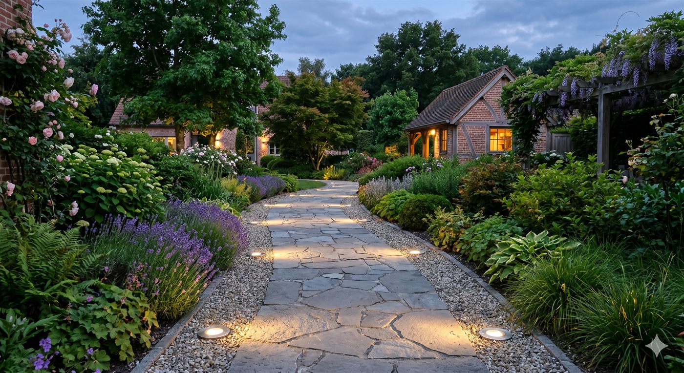 Grondspots die het tuinpad verlichten, geïnstalleerd door Digiwonen