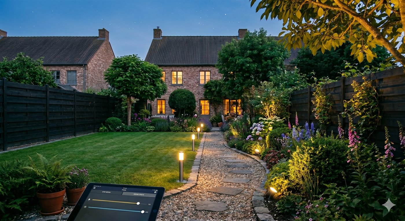 Sfeervol verlichte tuin in de avond door Digiwonen